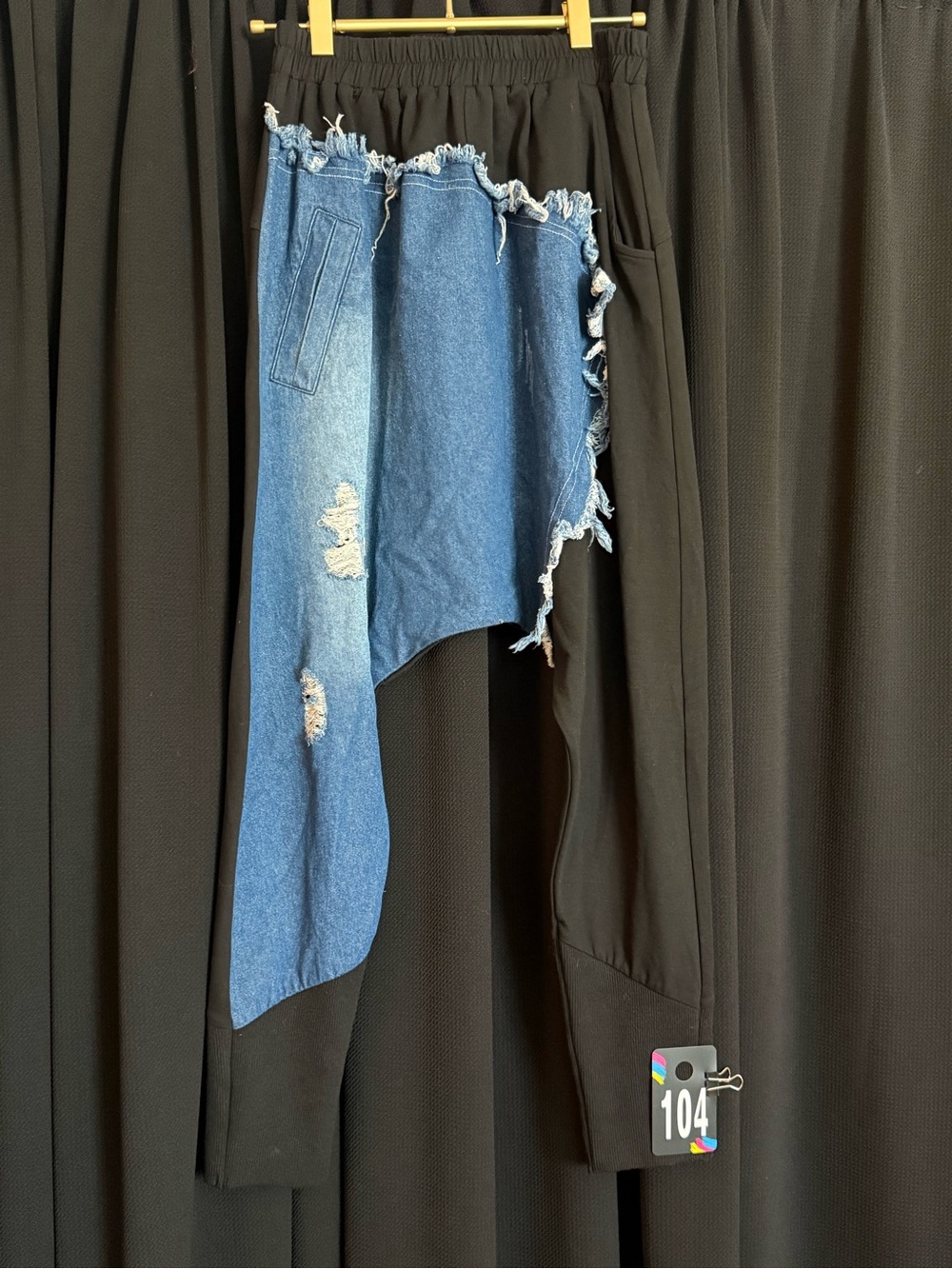 Two-Tone Distressed Denim & Black Jogger Track Pants
